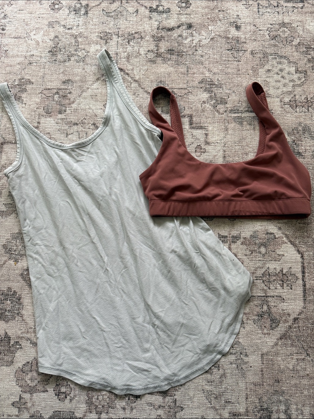 Lululemon Light Grey Tank and Vuori Dusty Rose Sports Bra Set